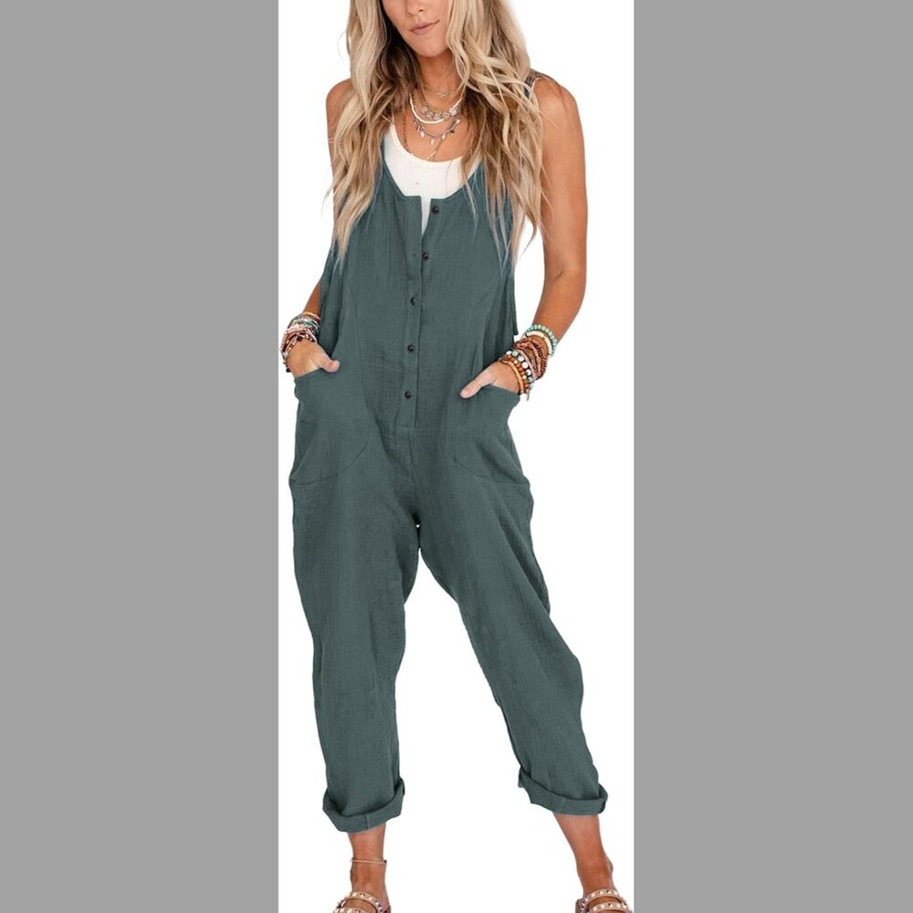 Women's Overalls Linen Cotton Jumpsuit with Pockets - Sea Blue - M